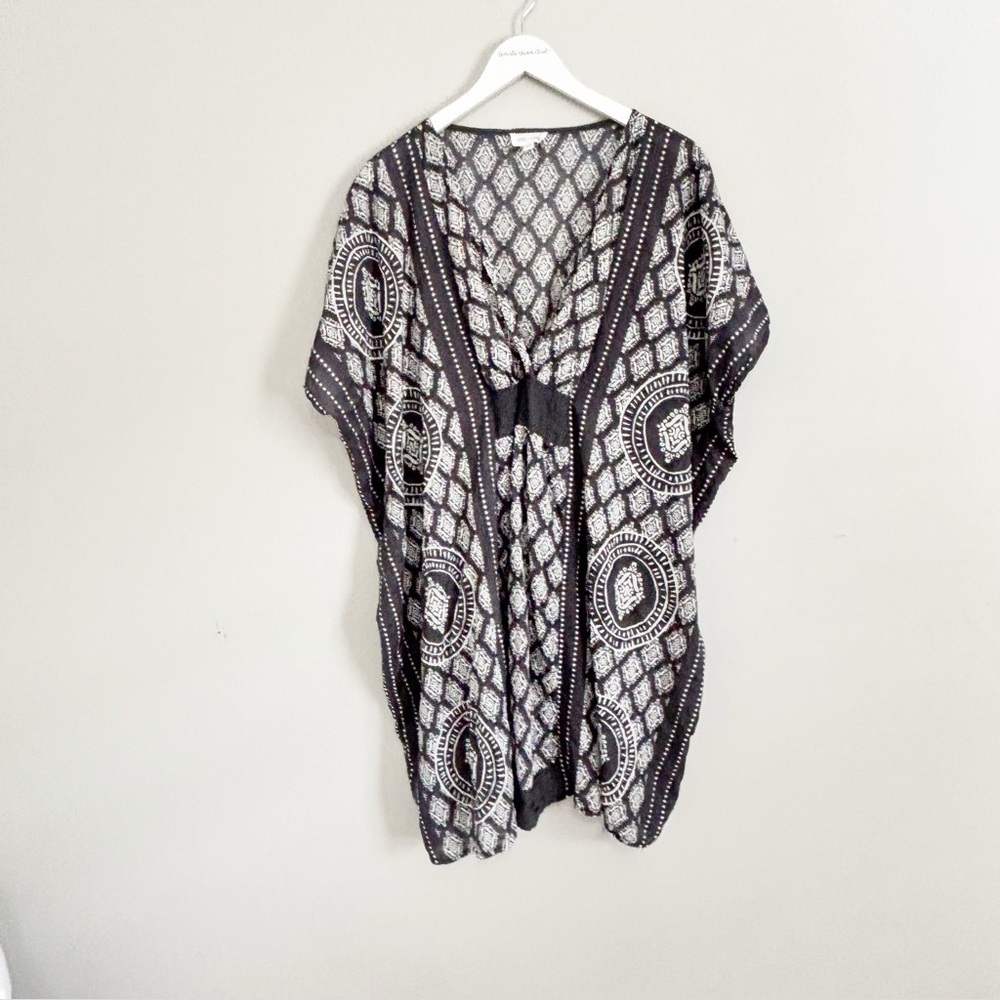 MER SEA Women’s Gray White Ethnic Print Lightweight Caftan Swim Cover OSFA